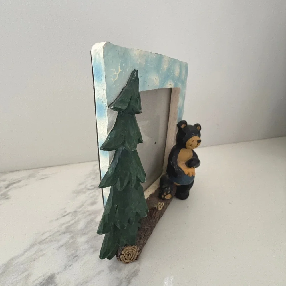 Rustic Black Bear Picture Frame Resin Cabin Lodge Decor Tree Honey Pot 3.5x5